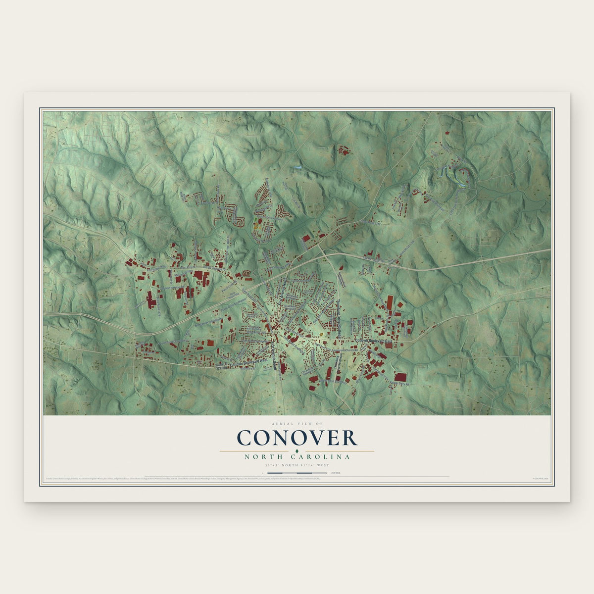 Conover, North Carolina map print, the full design