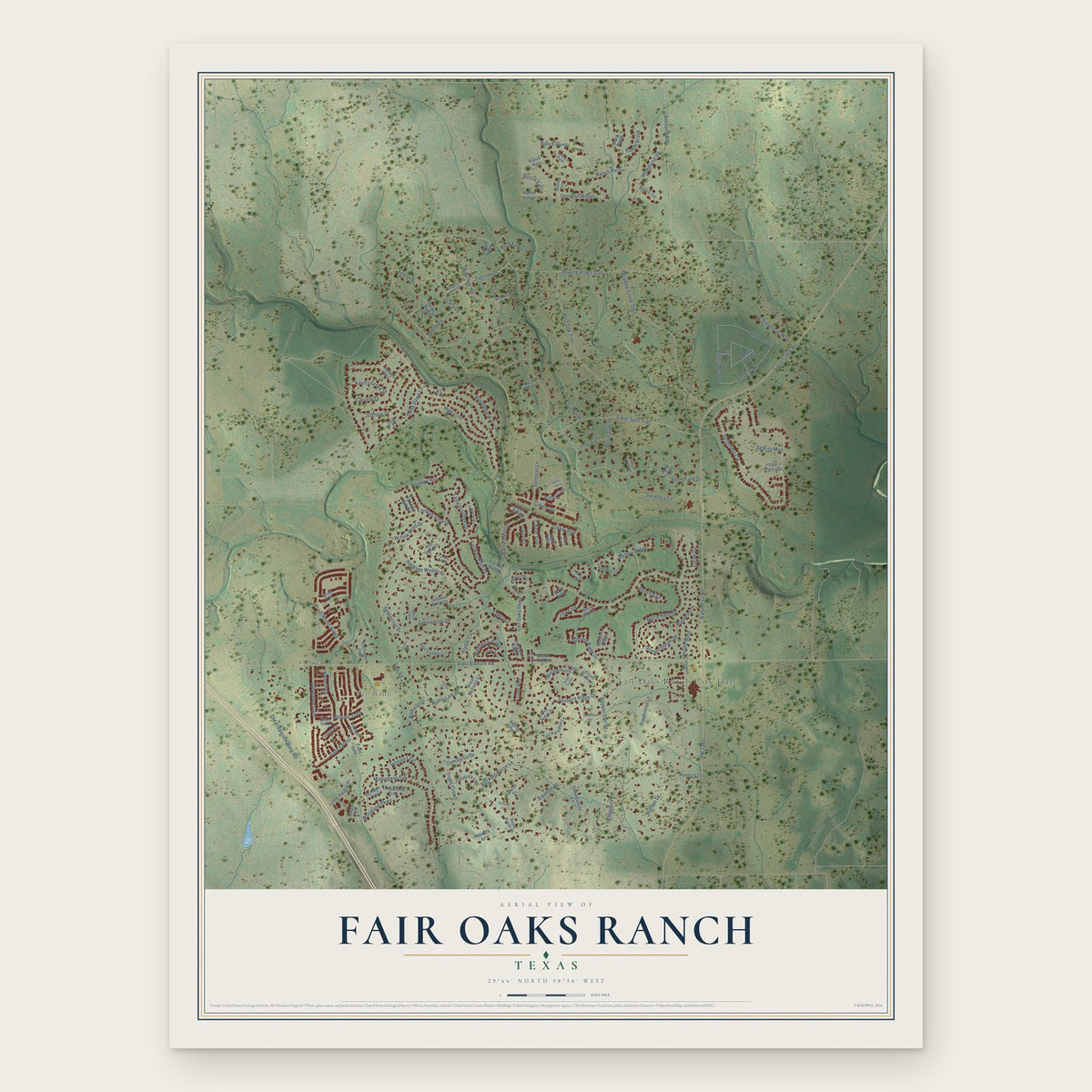 Fair Oaks Ranch, Texas map print, the full design