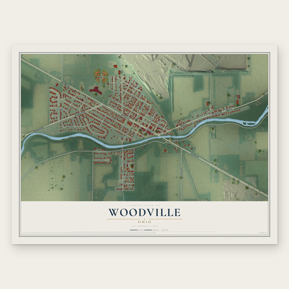 Woodville, Ohio map print, the full design