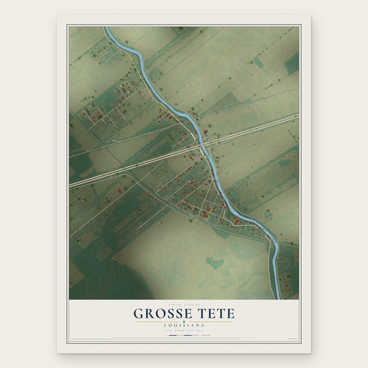 Grosse Tete, Louisiana map print, the full design
