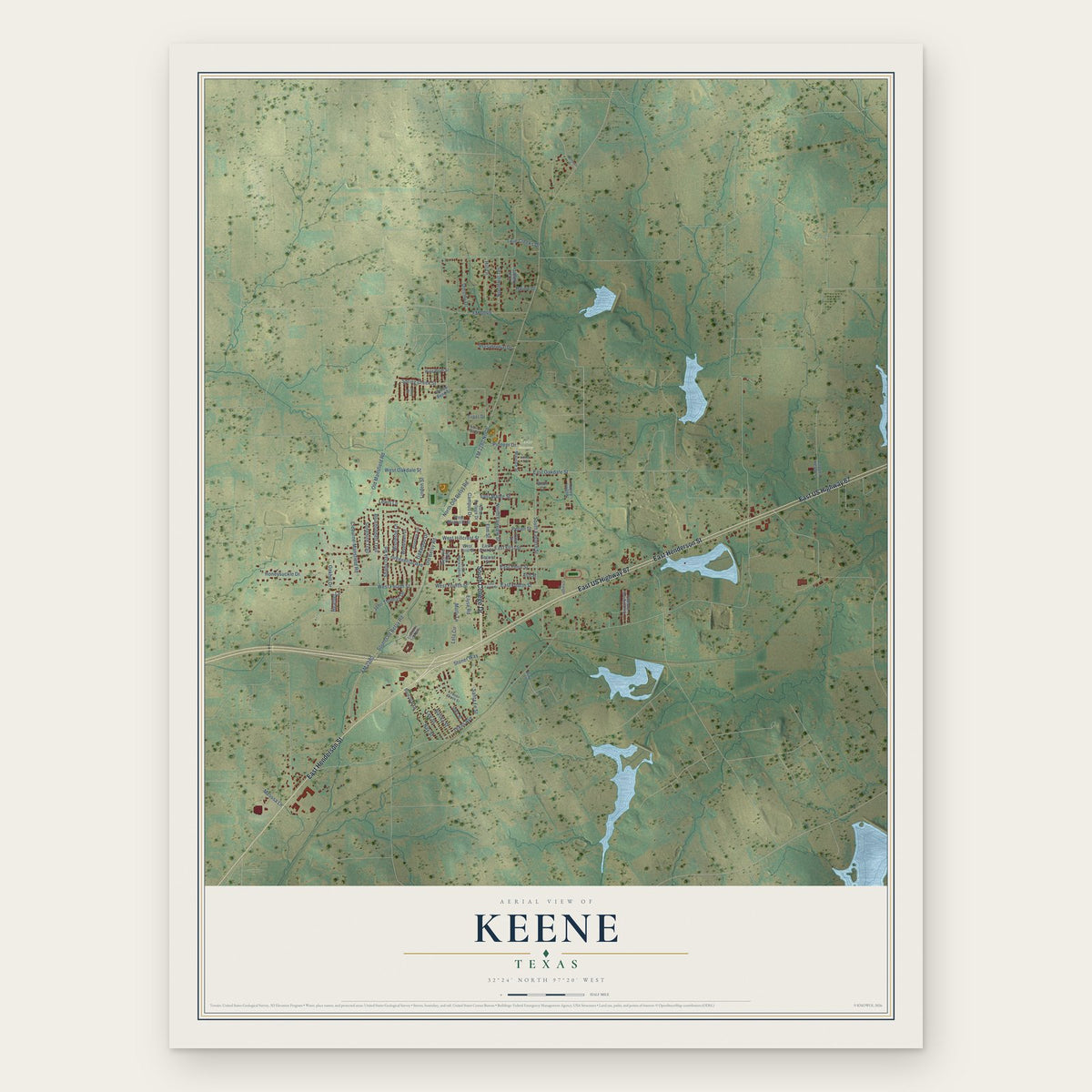 Keene, Texas map print, the full design