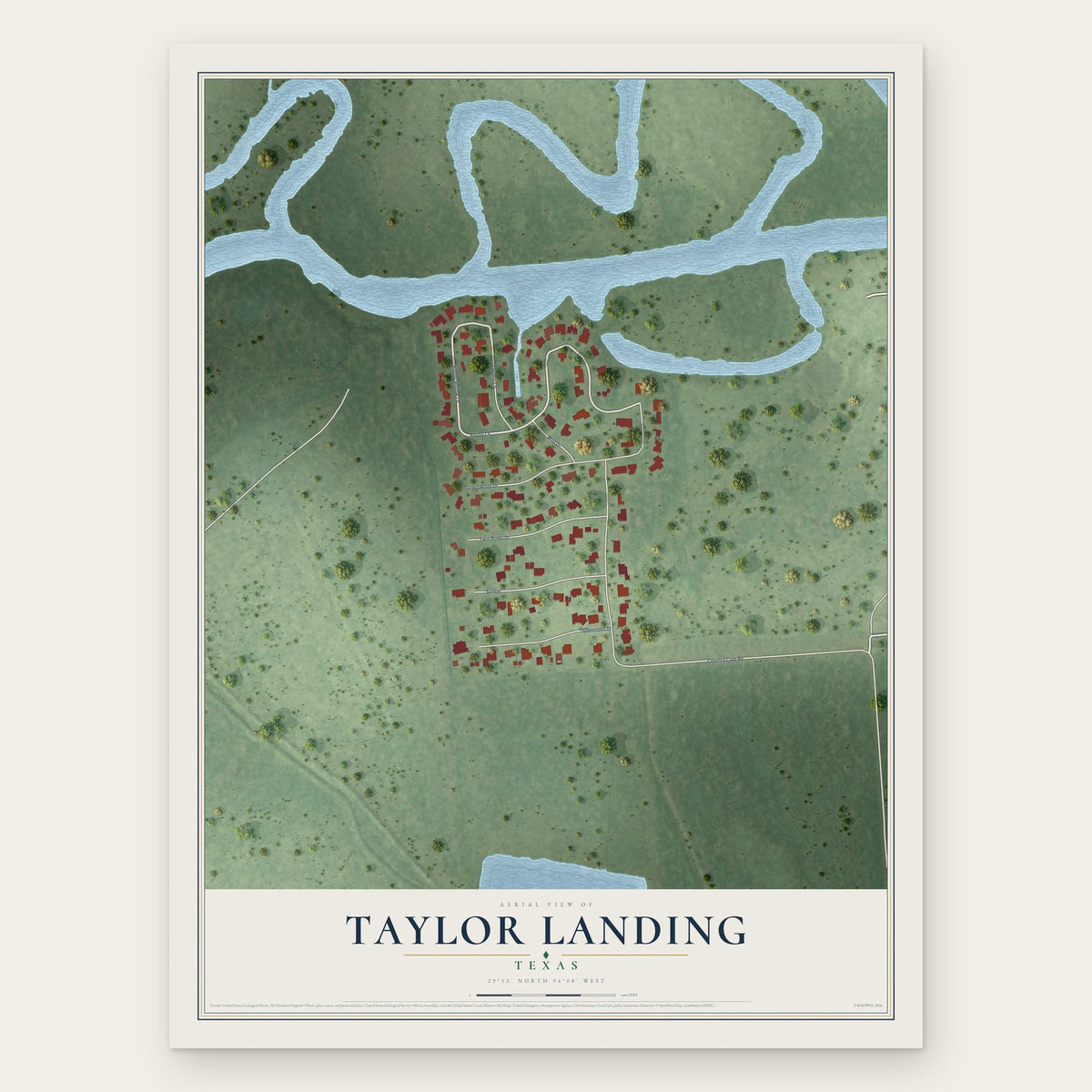 Taylor Landing, Texas map print, the full design