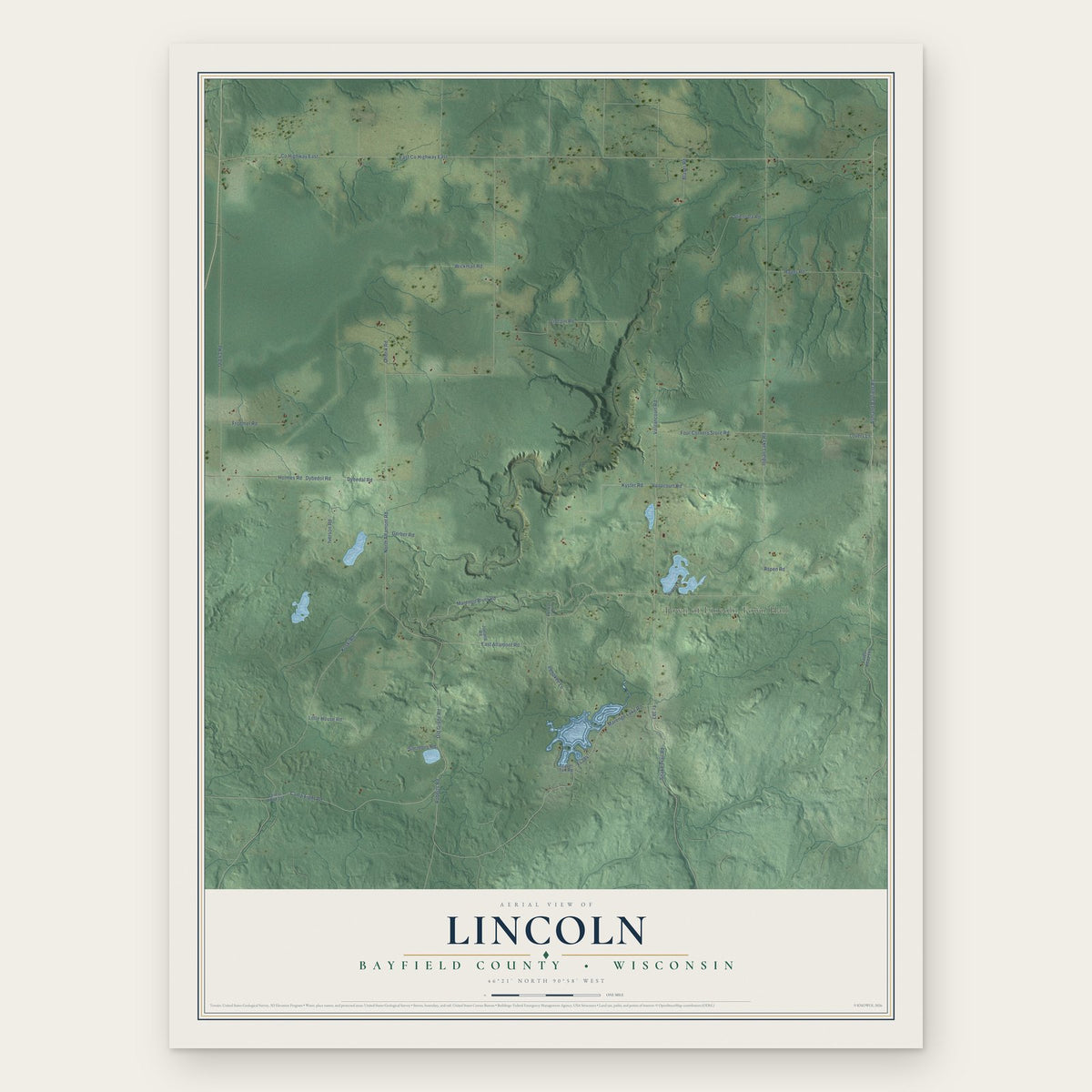Lincoln, Bayfield County, Wisconsin map print, the full design