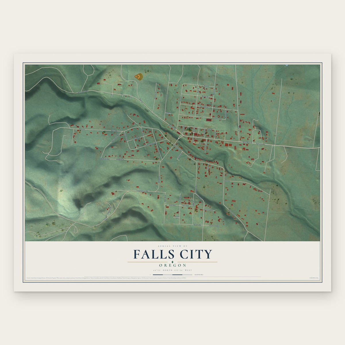 Falls City, Oregon map print, the full design
