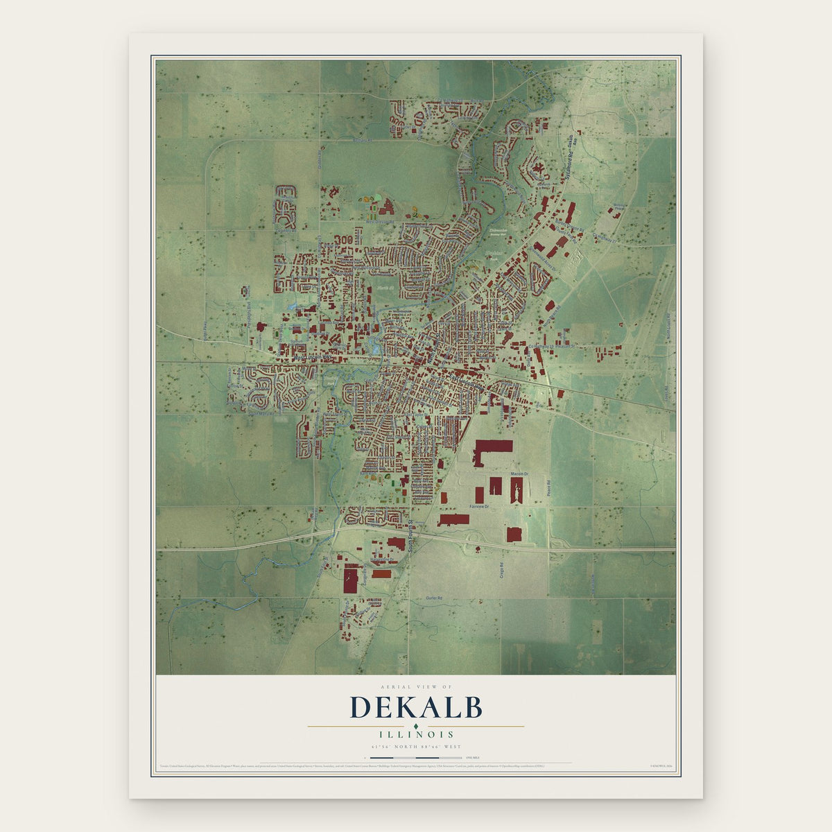 DeKalb, Illinois map print, the full design