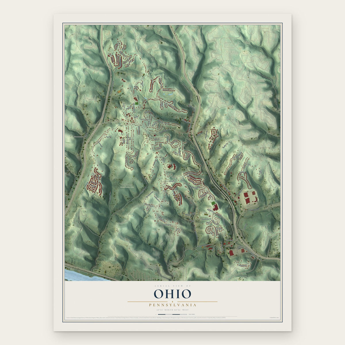 Ohio, Pennsylvania map print, the full design