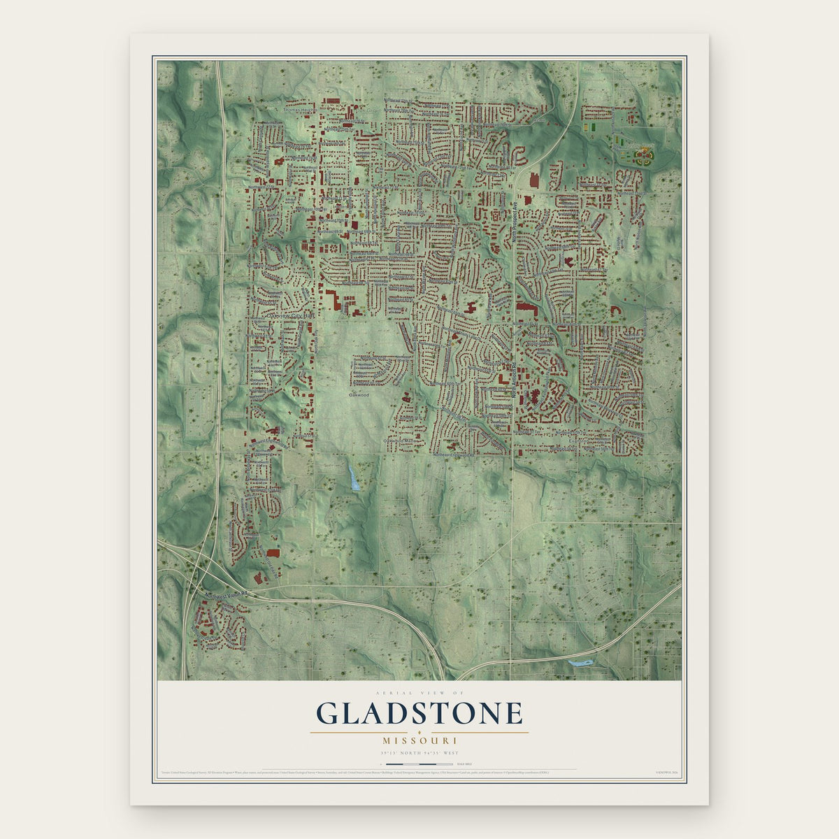 Gladstone, Missouri map print, the full design