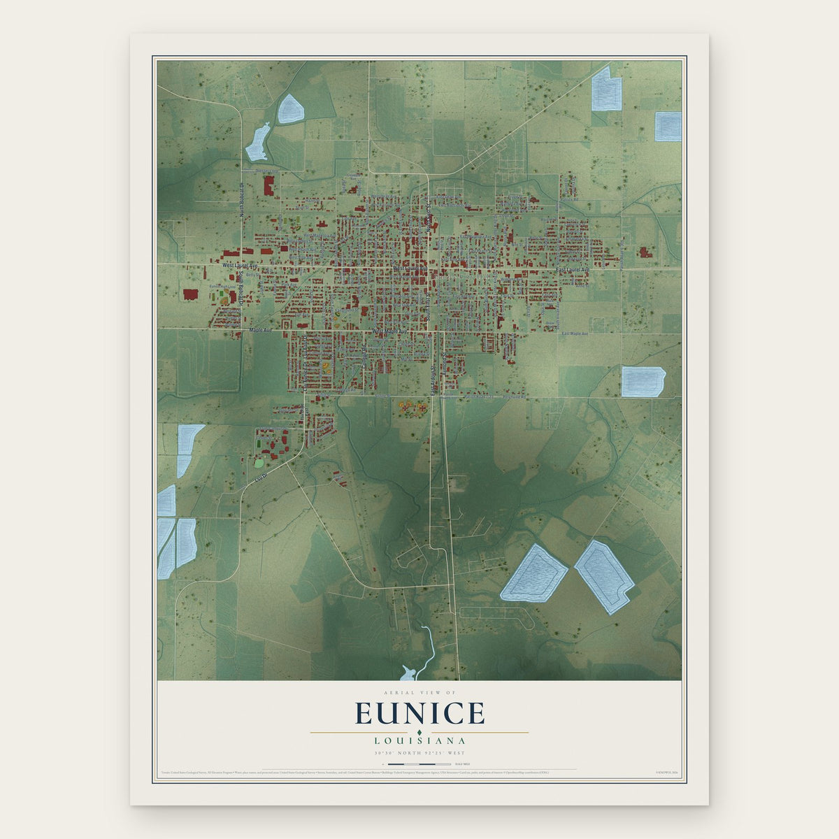 Eunice, Louisiana map print, the full design