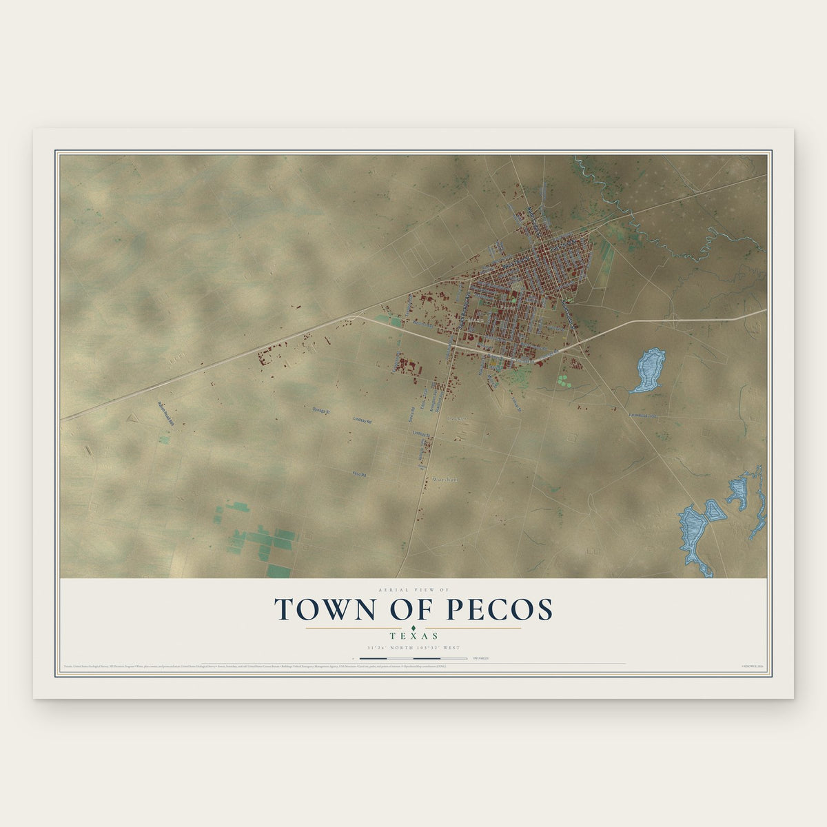 Town of Pecos, Texas map print, the full design