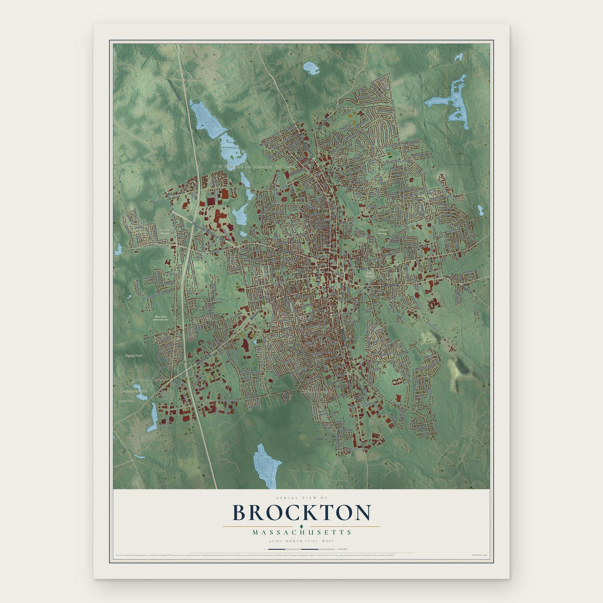 Brockton, Massachusetts map print, the full design
