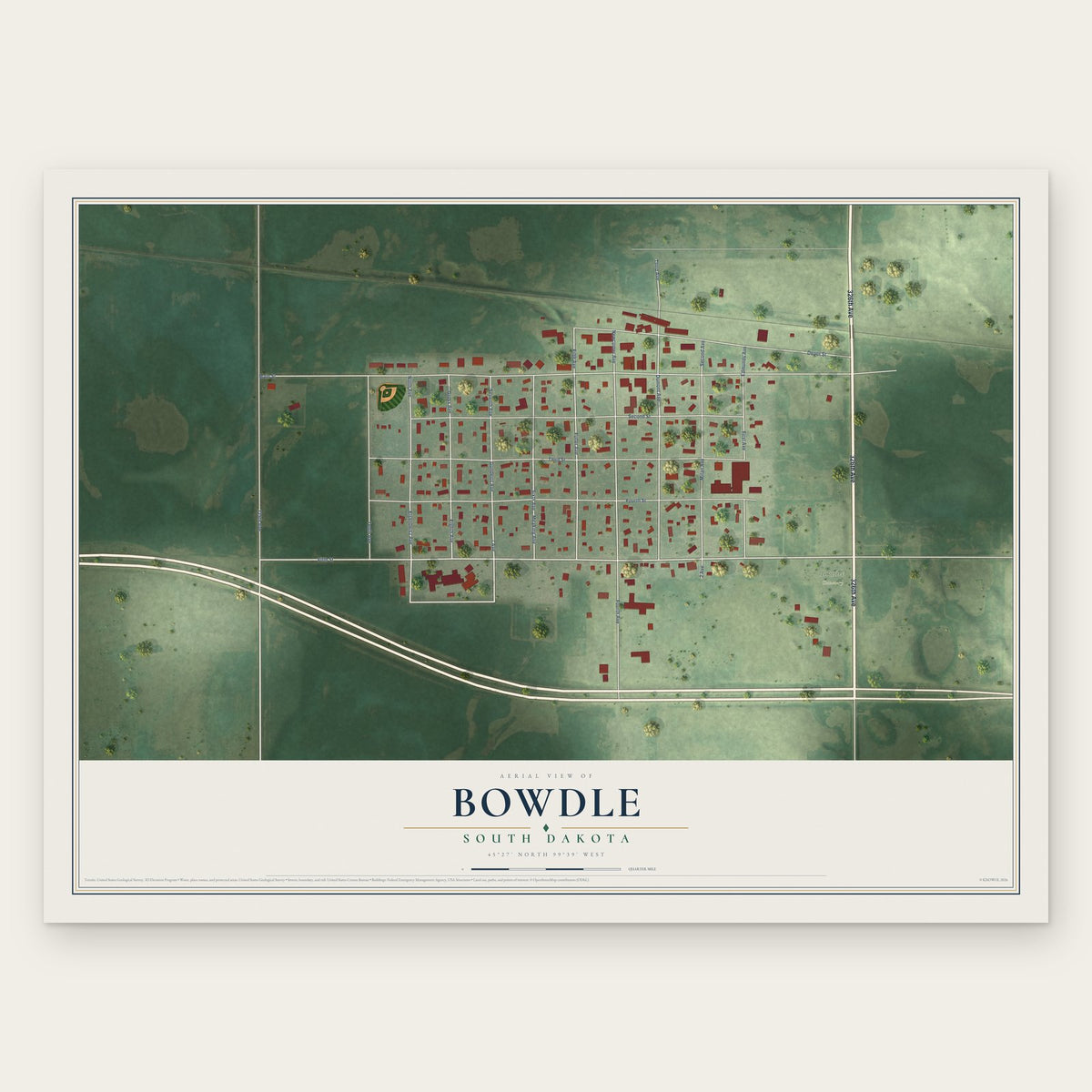 Bowdle, South Dakota map print, the full design