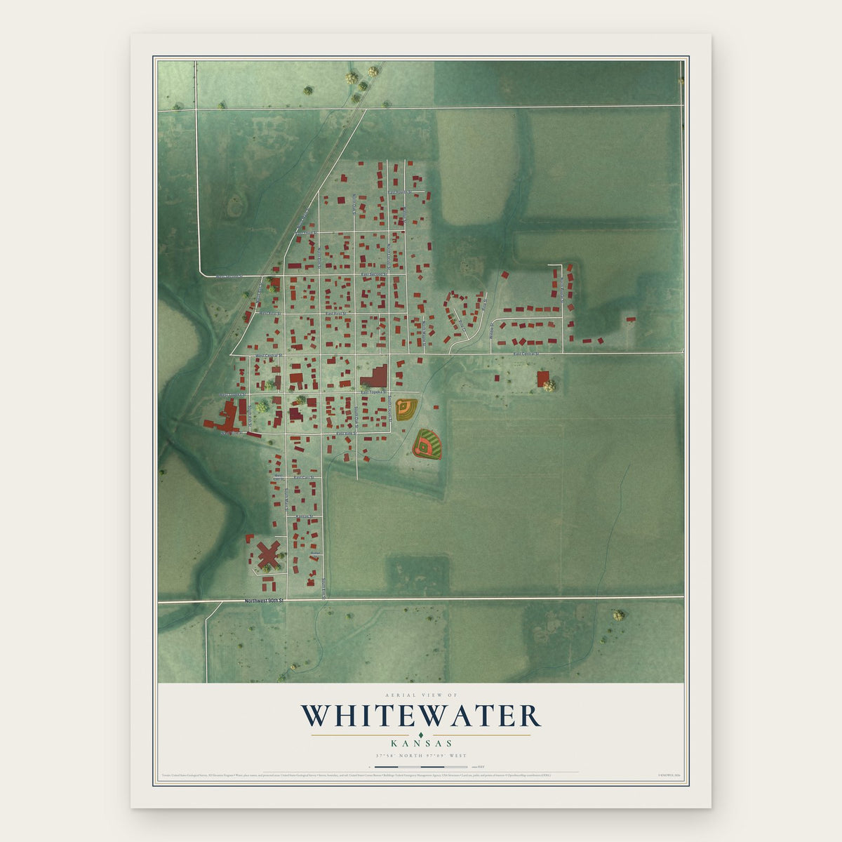 Whitewater, Kansas map print, the full design
