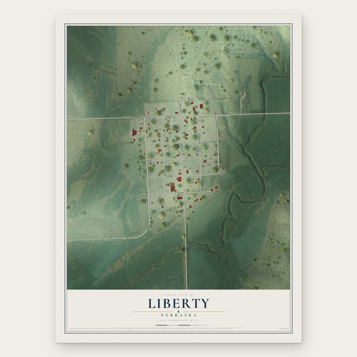 Liberty, Nebraska map print, the full design