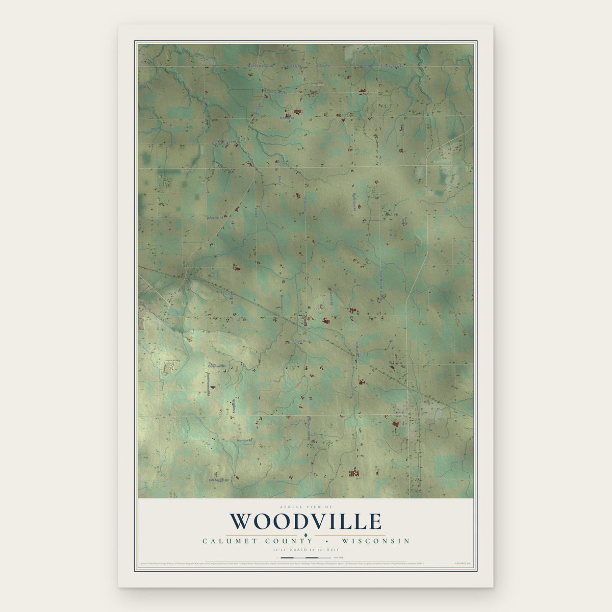 Woodville, Calumet County, Wisconsin map print, the full design