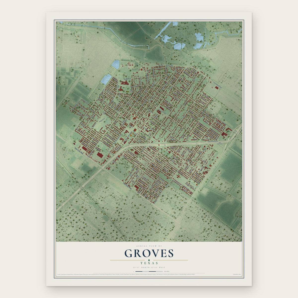 Groves, Texas map print, the full design