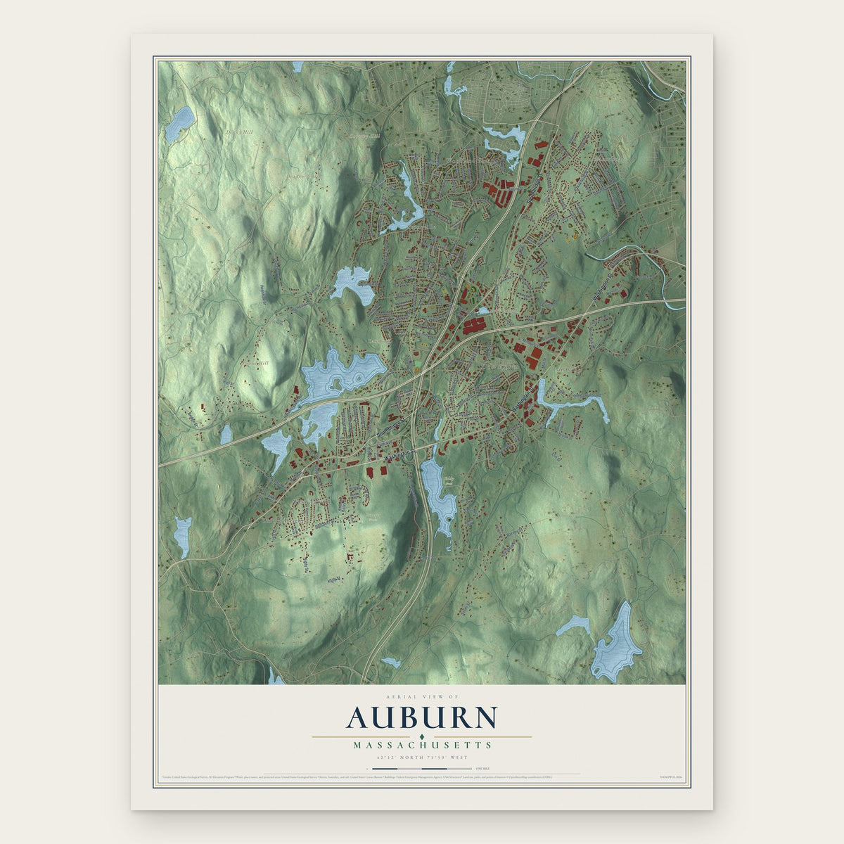 Auburn, Massachusetts map print, the full design