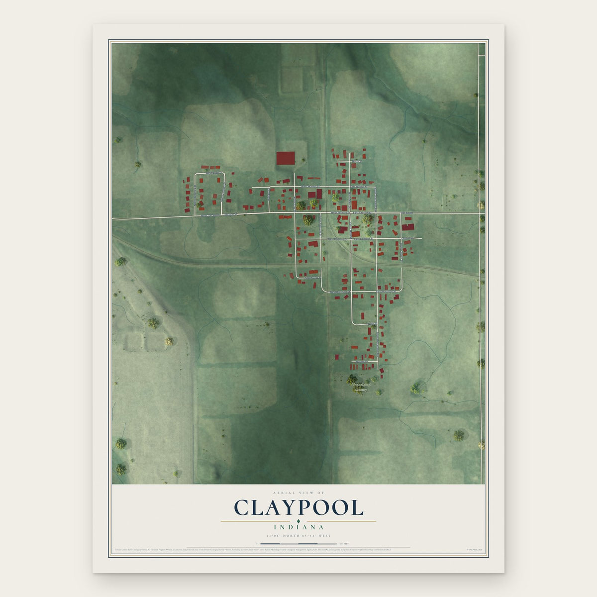 Claypool, Indiana map print, the full design