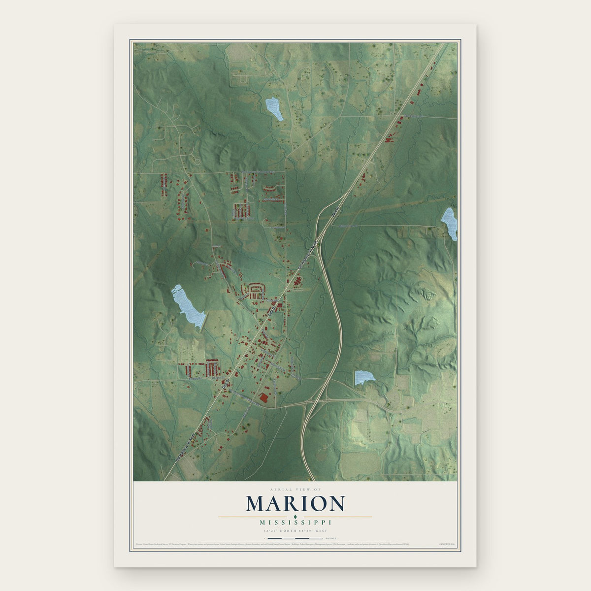 Marion, Mississippi map print, the full design