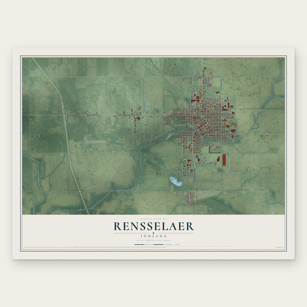 Rensselaer, Indiana map print, the full design