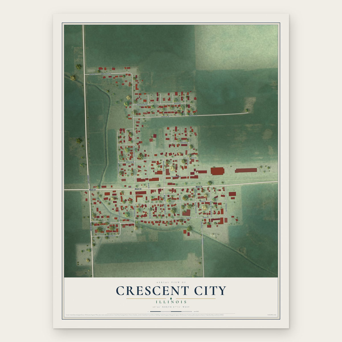 Crescent City, Illinois map print, the full design