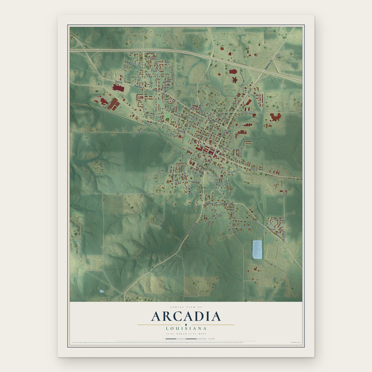 Arcadia, Louisiana map print, the full design