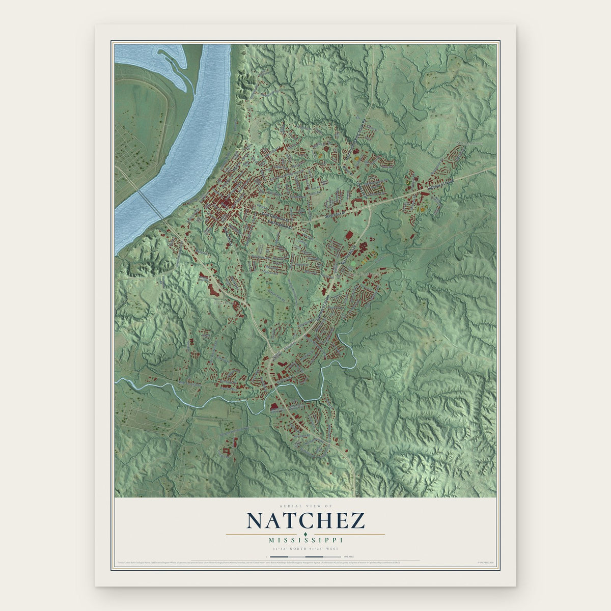 Natchez, Mississippi map print, the full design