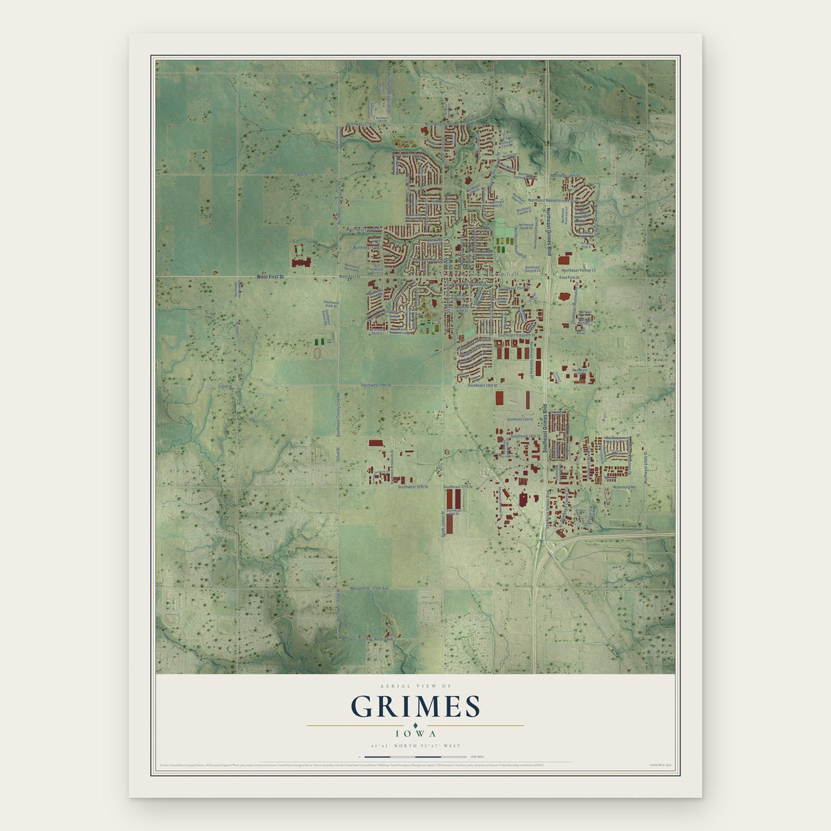 Grimes, Iowa map print, the full design