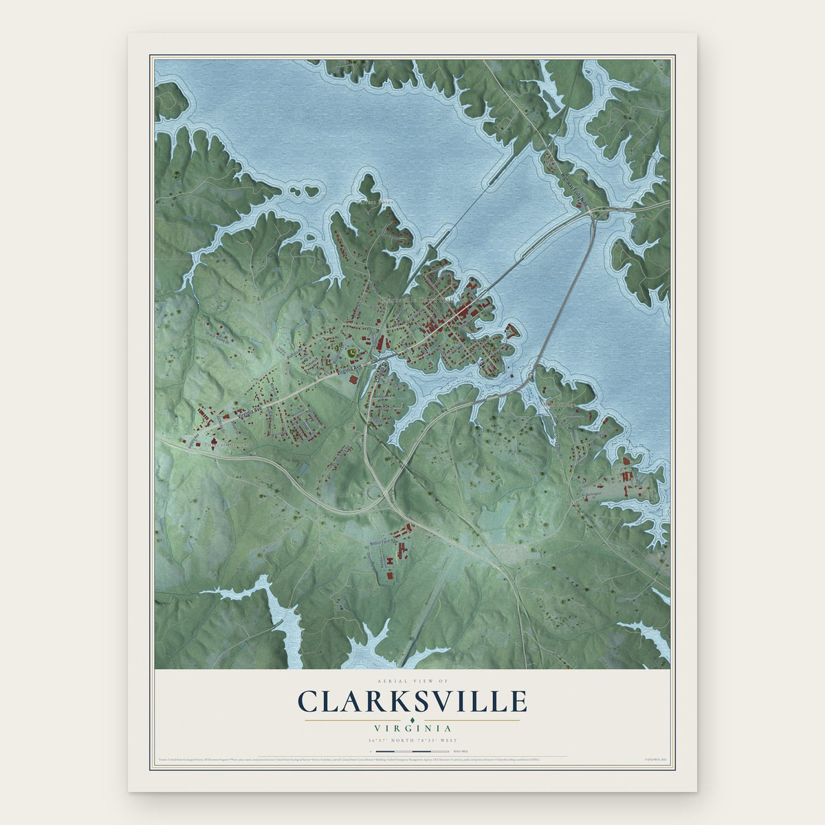 Clarksville, Virginia map print, the full design