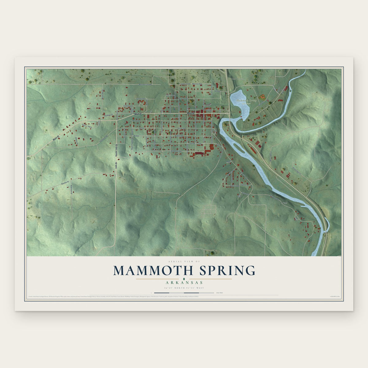 Mammoth Spring, Arkansas map print, the full design