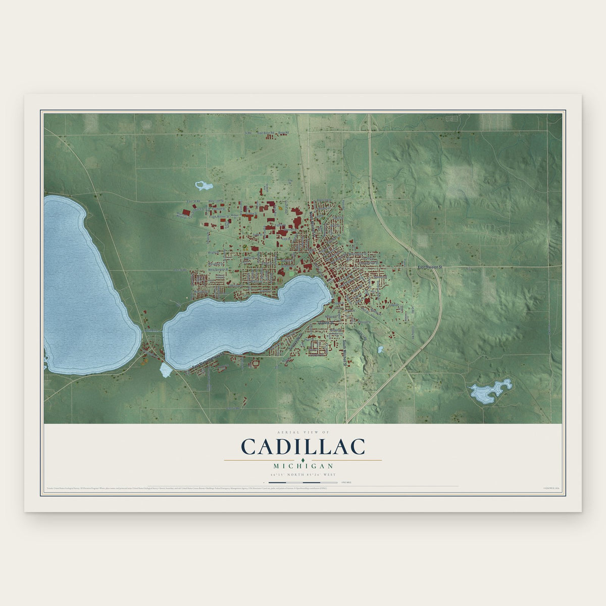Cadillac, Michigan map print, the full design