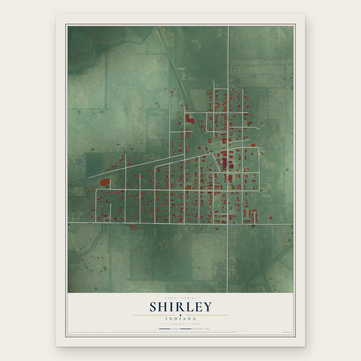 Shirley, Indiana map print, the full design