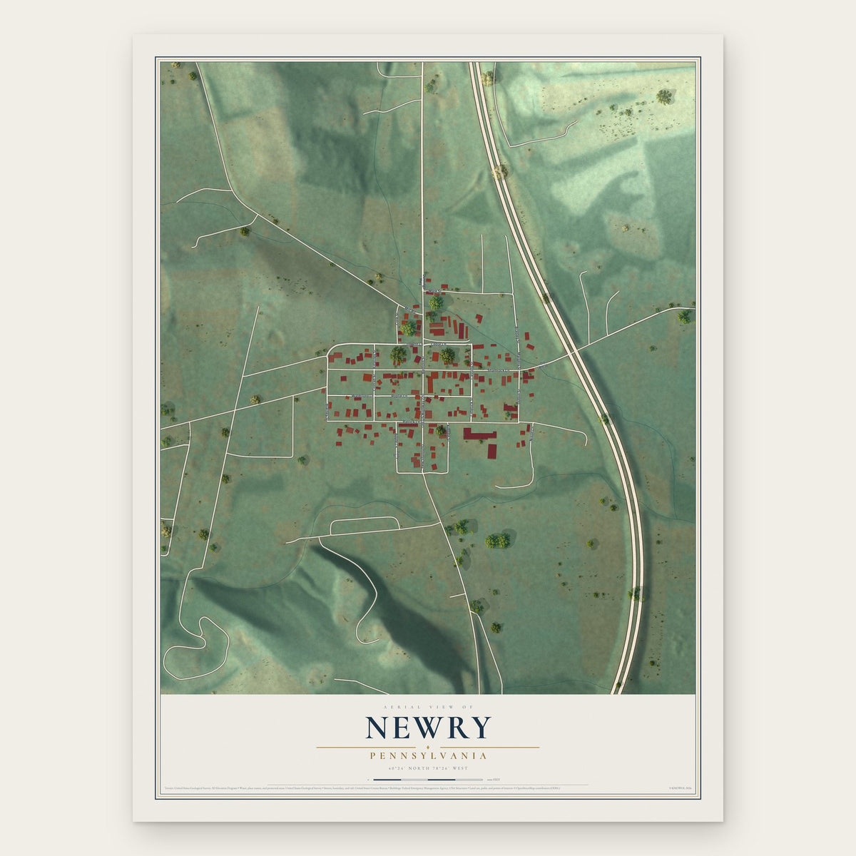 Newry, Pennsylvania map print, the full design