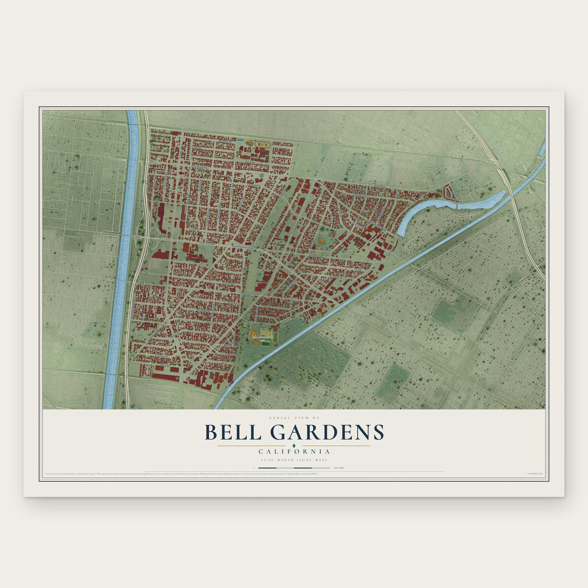 Bell Gardens, California map print, the full design
