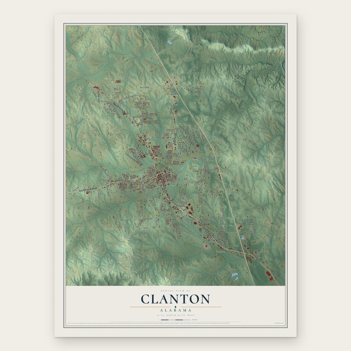 Clanton, Alabama map print, the full design