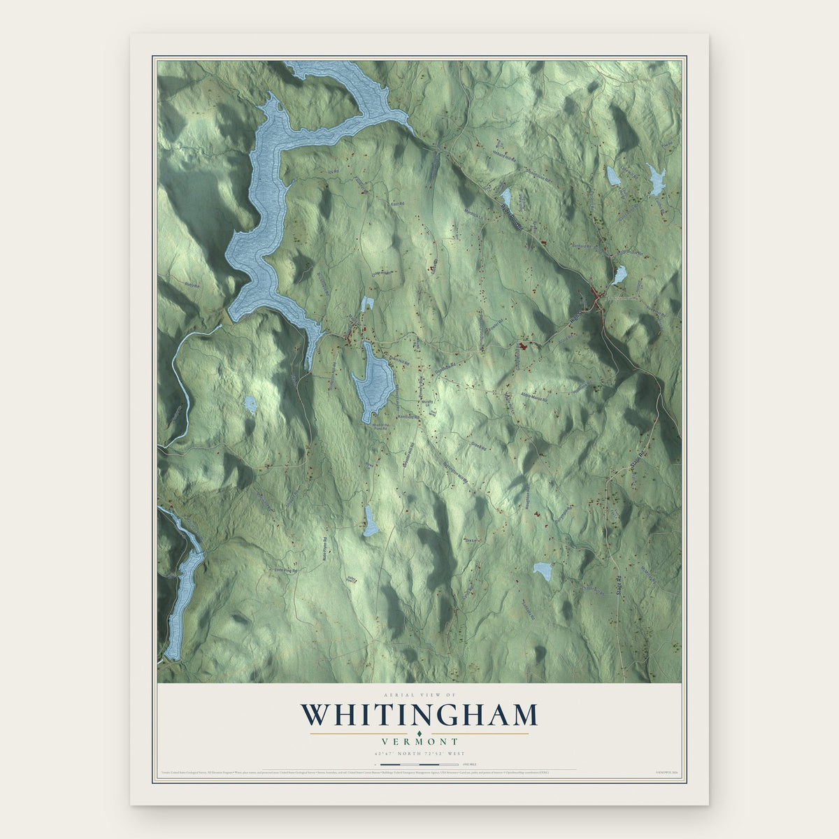 Whitingham, Vermont map print, the full design