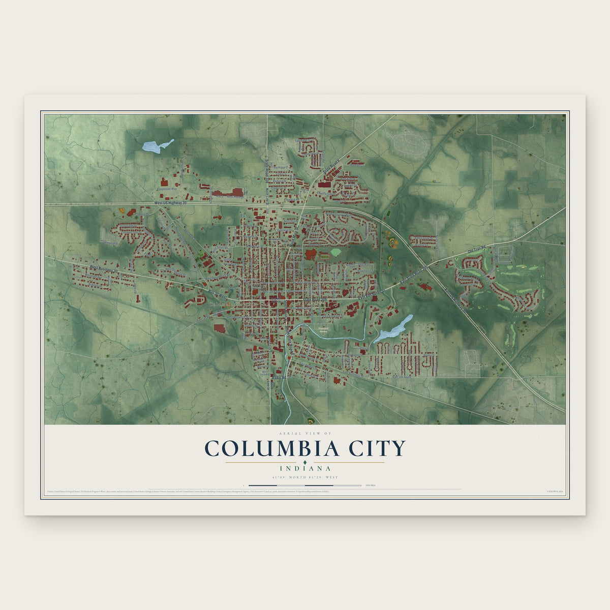 Columbia City, Indiana map print, the full design