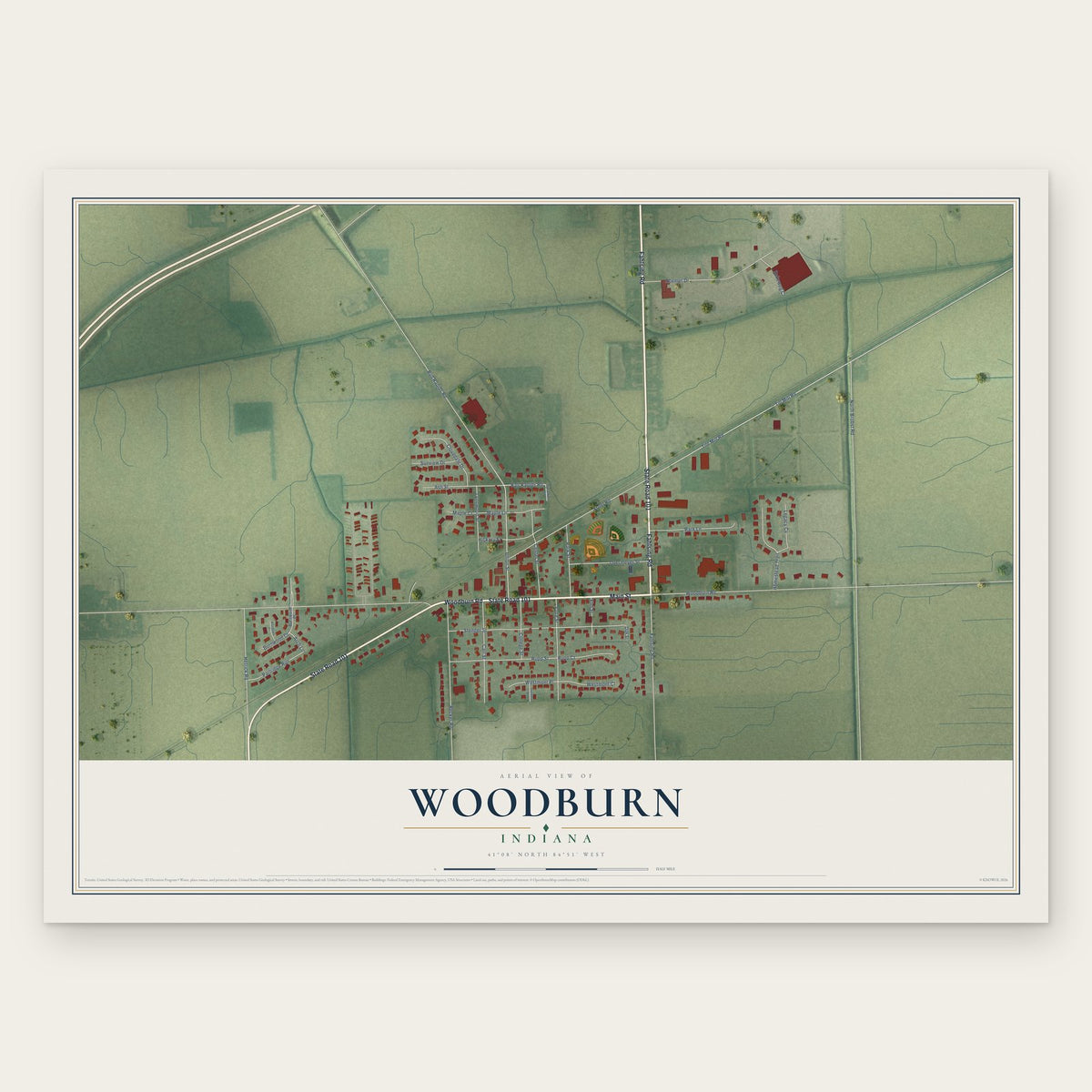 Woodburn, Indiana map print, the full design