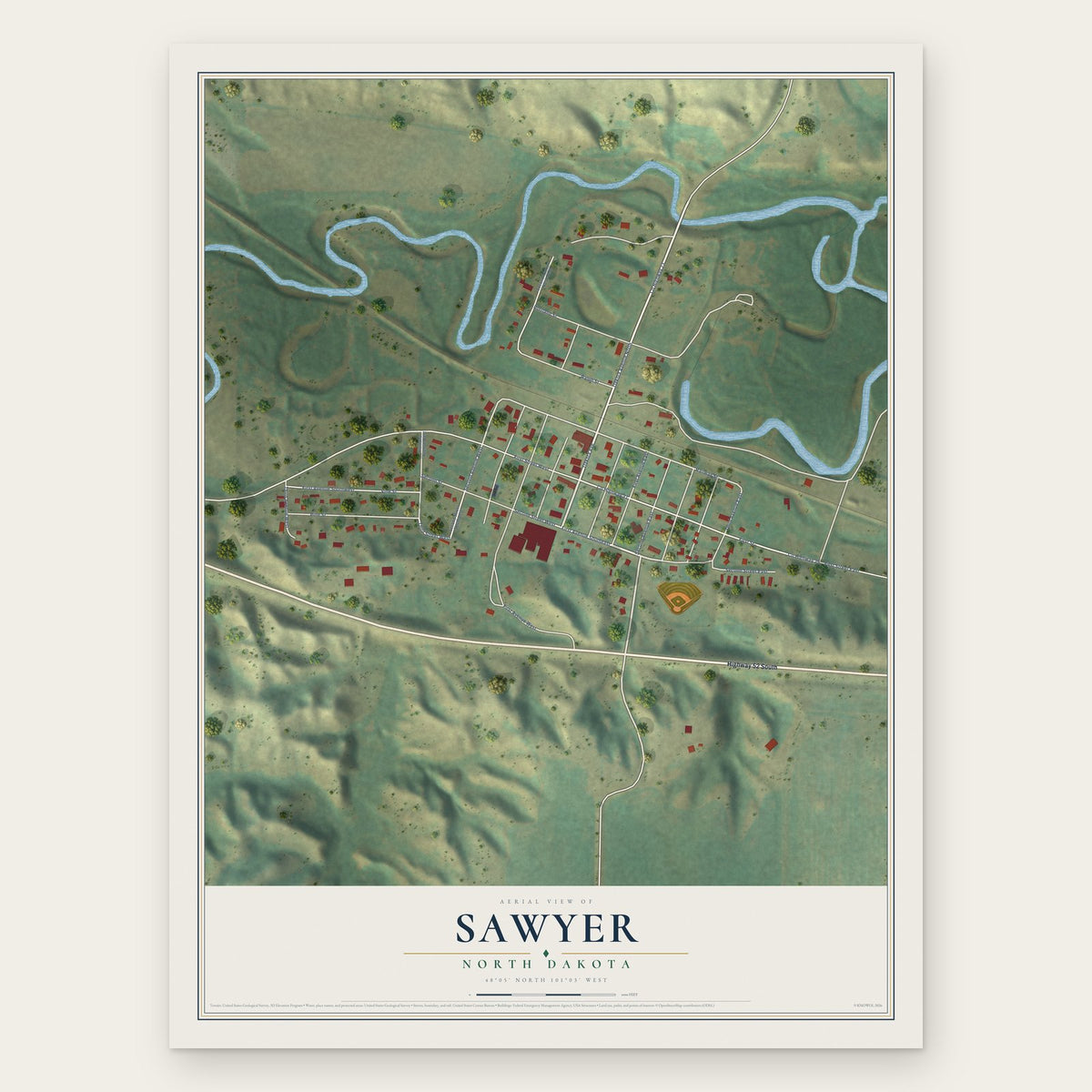 Sawyer, North Dakota map print, the full design
