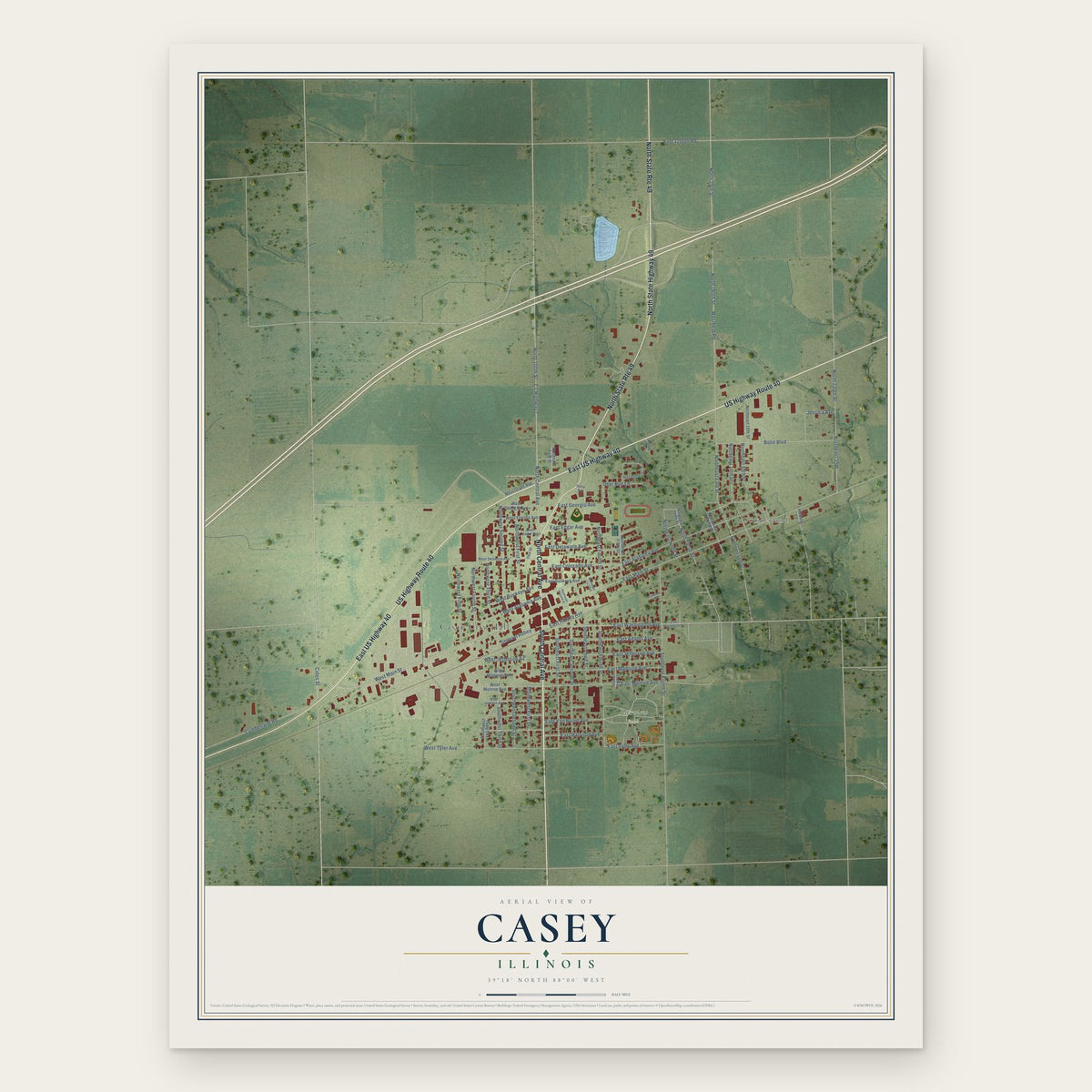 Casey, Illinois map print, the full design