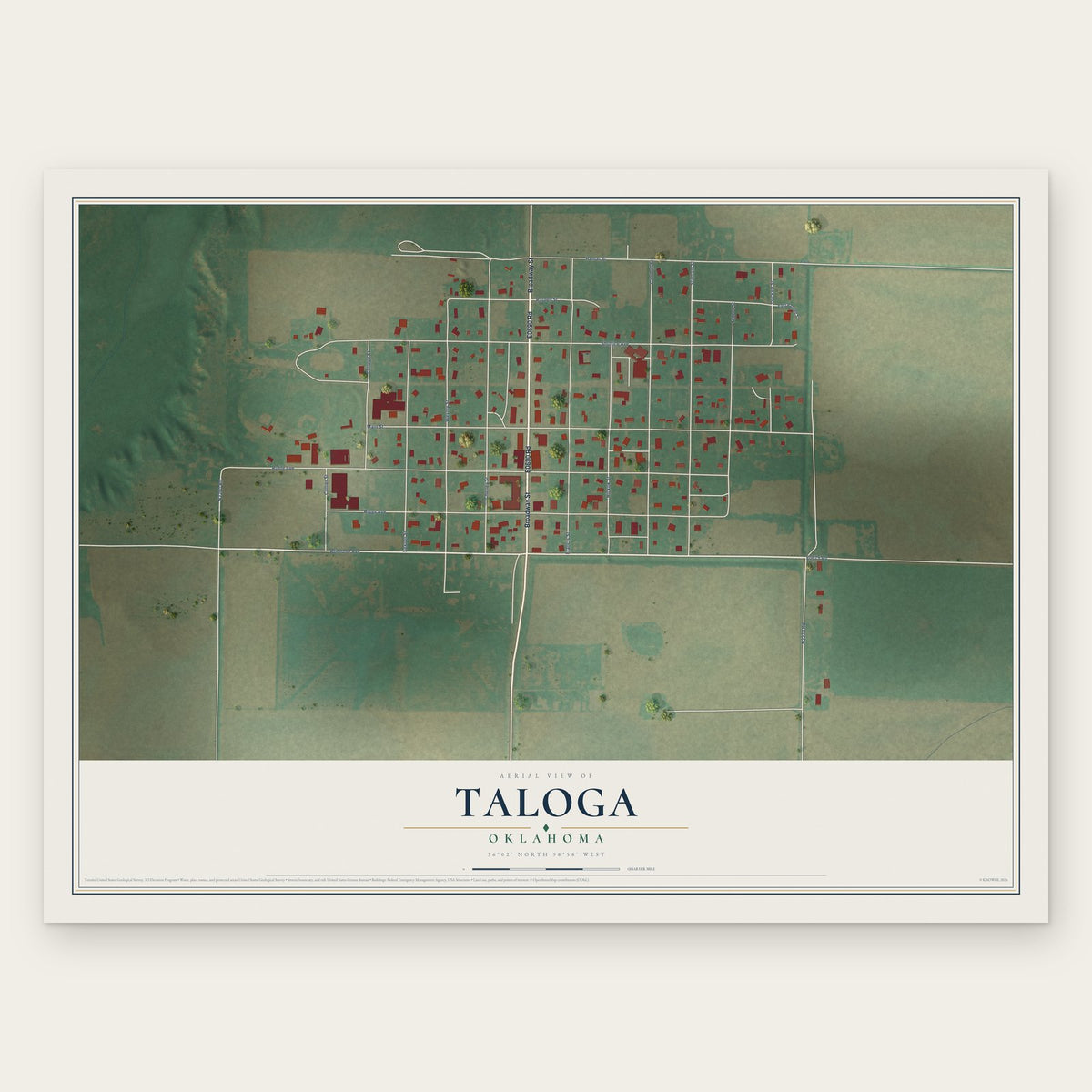 Taloga, Oklahoma map print, the full design