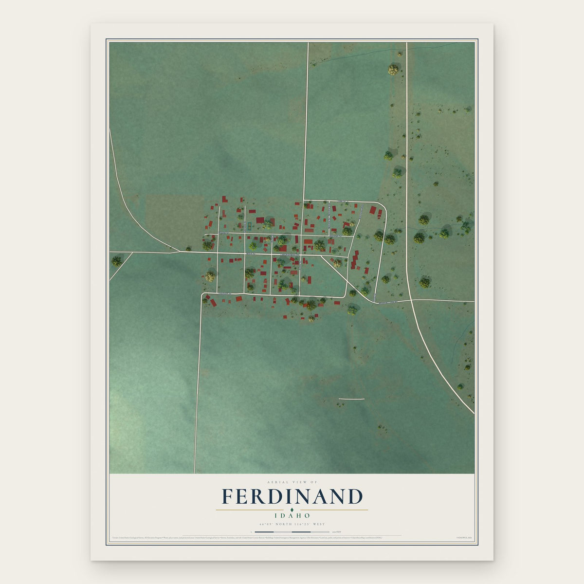 Ferdinand, Idaho map print, the full design