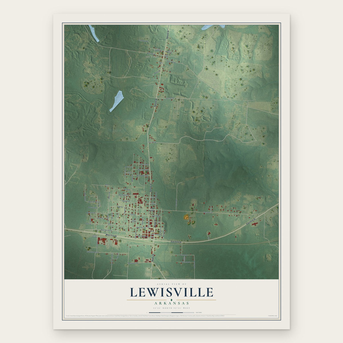 Lewisville, Arkansas map print, the full design