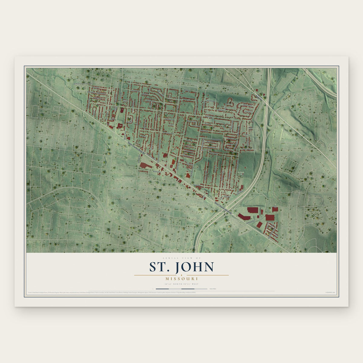 St. John, Missouri map print, the full design