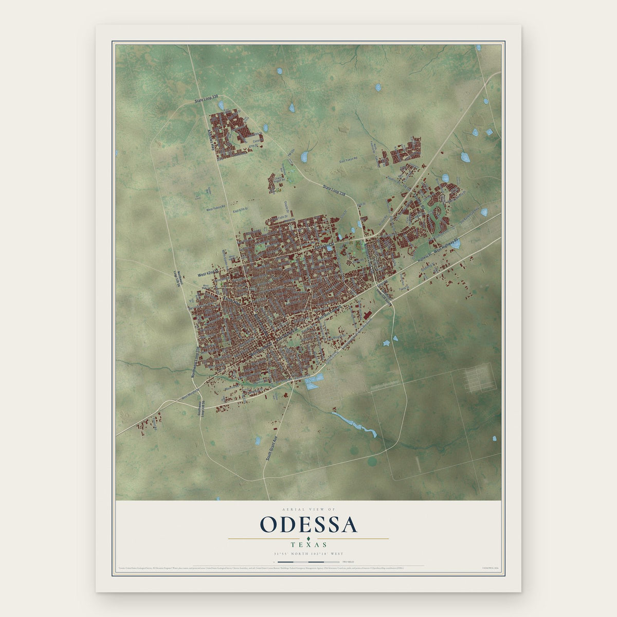 Odessa, Texas map print, the full design