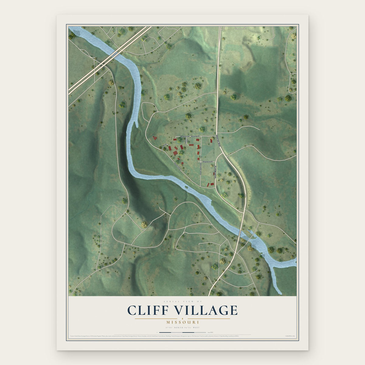 Cliff Village, Missouri map print, the full design