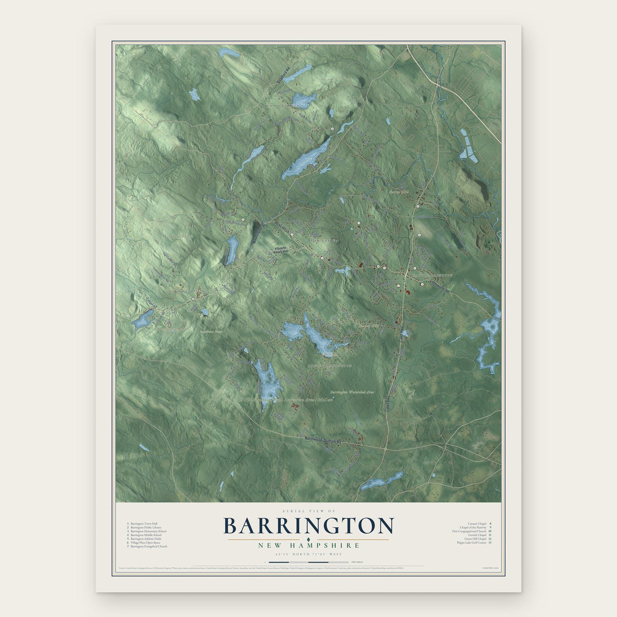 Barrington, New Hampshire map print, the full design