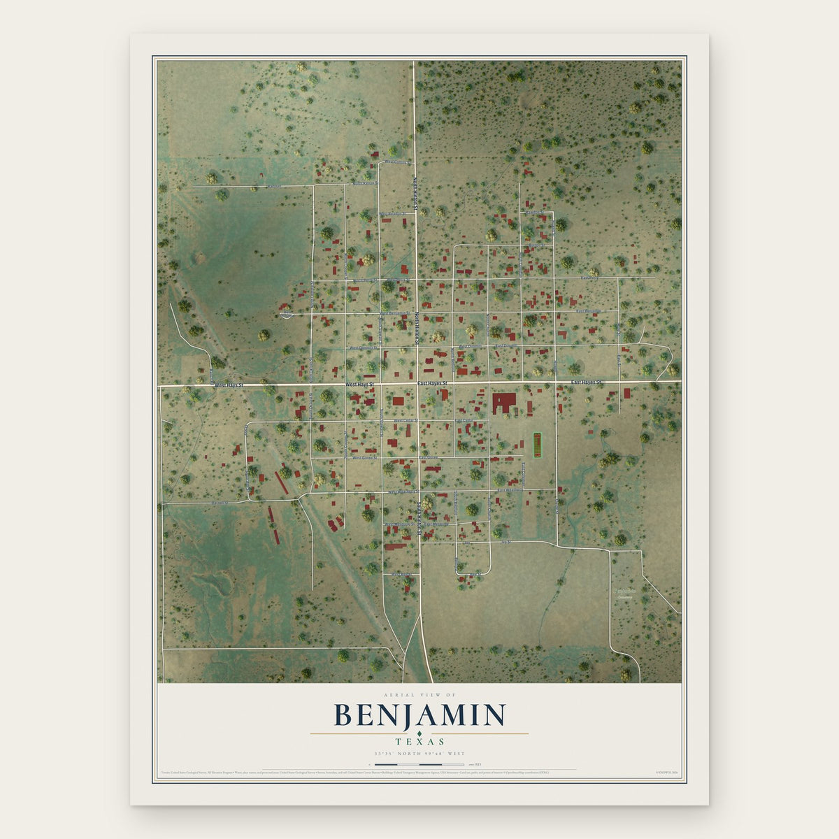 Benjamin, Texas map print, the full design