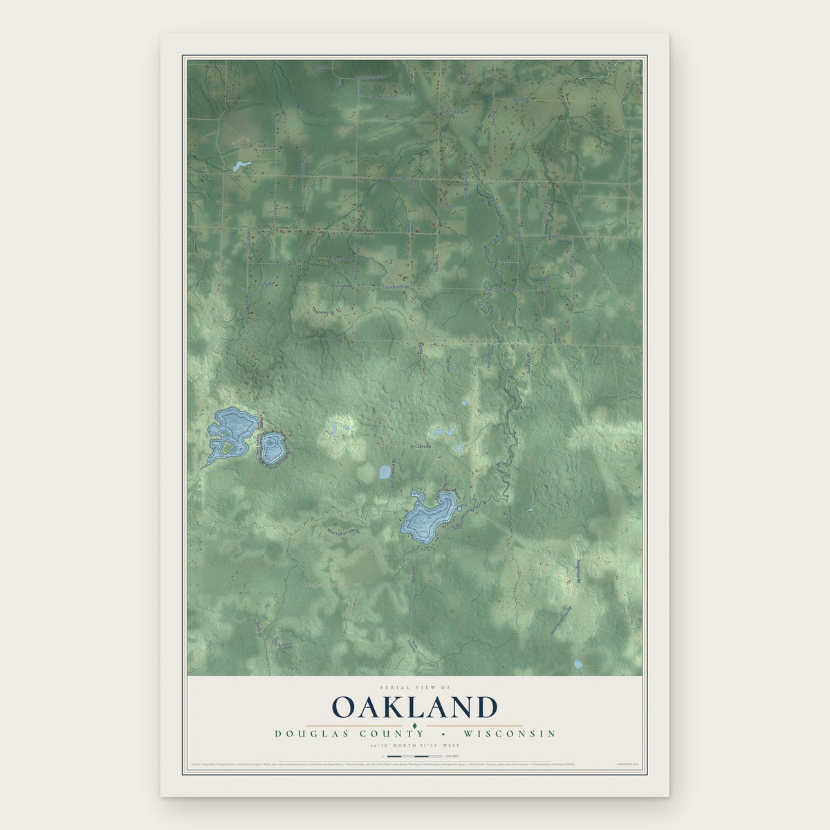 Oakland, Douglas County, Wisconsin map print, the full design