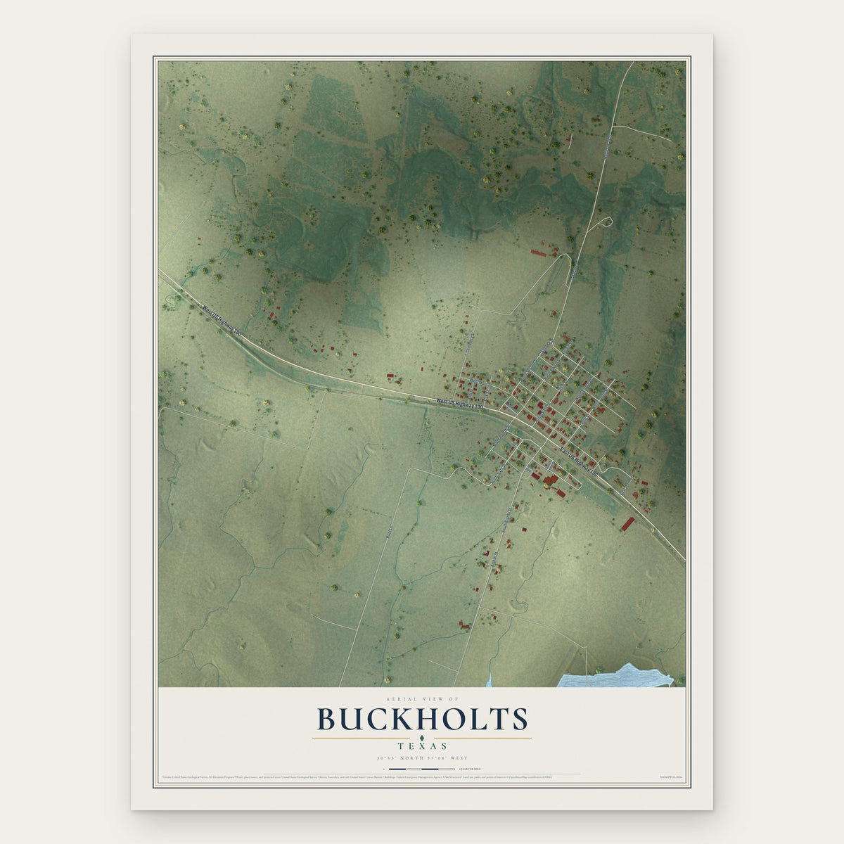 Buckholts, Texas map print, the full design