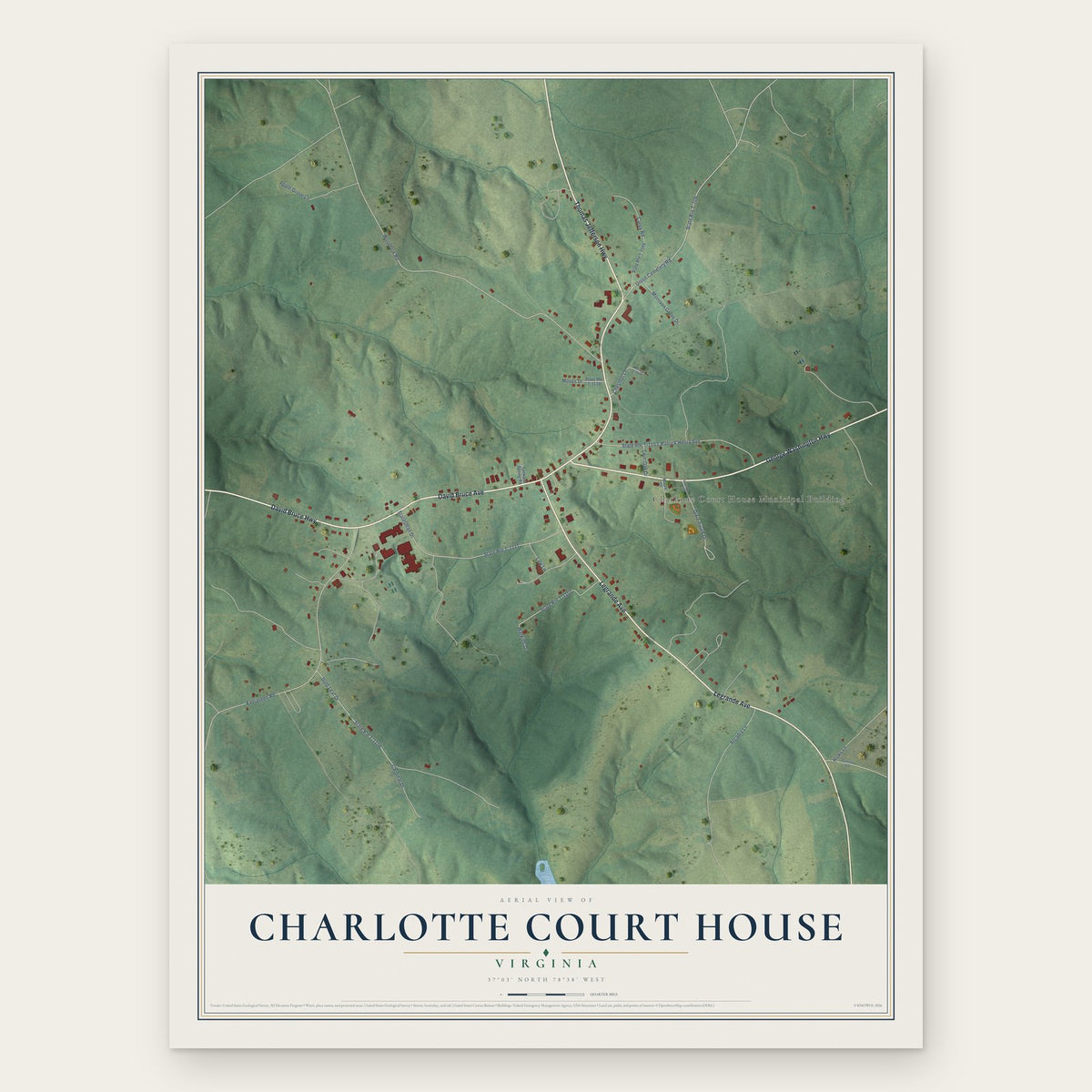 Charlotte Court House, Virginia map print, the full design